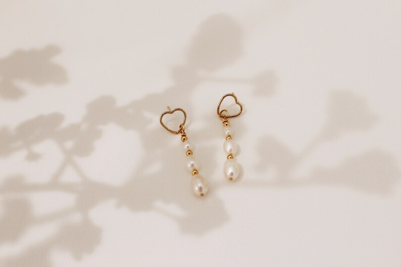 Heart Pearl Drop Earrings, Gold Filled, Freshwater Pearl Earrings, Tarnish Resistant, Bridesmaid Earring, Bridal Earrings, Dainty earrings image 6