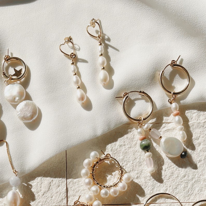 Heart Pearl Drop Earrings, Gold Filled, Freshwater Pearl Earrings, Tarnish Resistant, Bridesmaid Earring, Bridal Earrings, Dainty earrings image 4