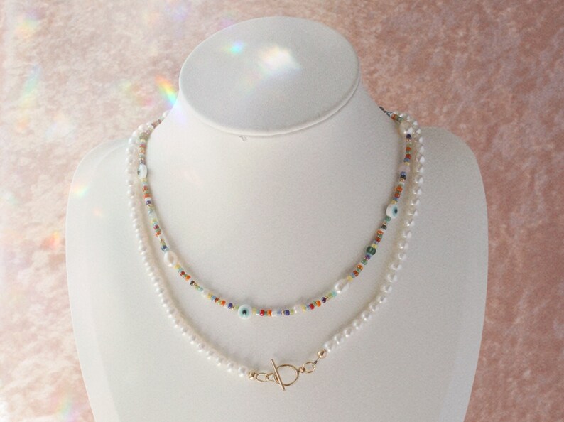 Rainbow Bead Choker, Evil Eye Necklace, 14K Gold Filled, Dainty Necklace, Summer Stacking Necklace, 90s Bead Necklace, Gen Z Necklace image 6