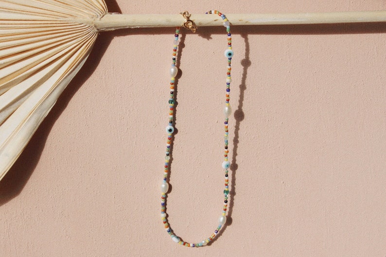 Rainbow Bead Choker, Evil Eye Necklace, 14K Gold Filled, Dainty Necklace, Summer Stacking Necklace, 90s Bead Necklace, Gen Z Necklace image 1