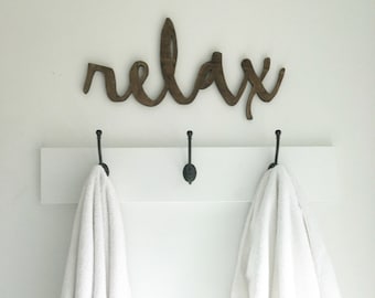 Hand Cut Relax Wood Sign: Farmhouse Bathroom Wall Decor