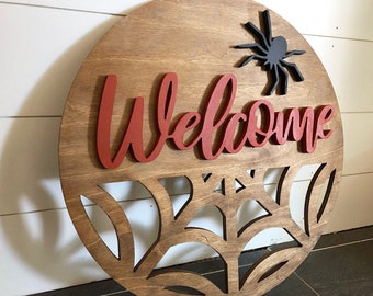 Halloween spider welcome door hanging wood sign 24 inch round spiderweb spooky Halloween decor fall October wall art