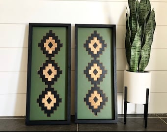 Moroccan Aztec panels large 26x11 inch bohemian style wall art eclectic modern wood wall decor