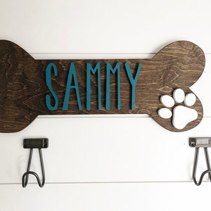 Custom Dog Bone Wood Sign: Paw Print Leash Holder