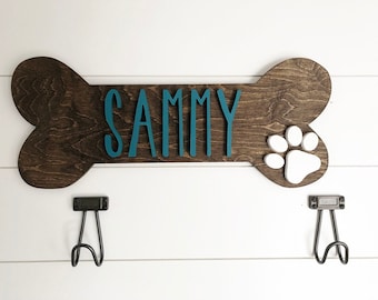 Dog bone wood sign custom dog name tag sign with paw print mudroom leash wood sign