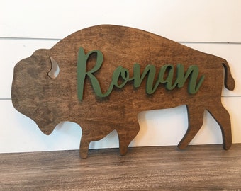 Custom Buffalo Wood Sign: Rustic Nursery Decor, Personalized Name