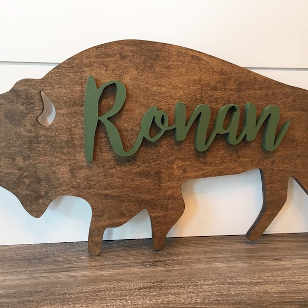 Bison wood sign + buffalo nursery decor + nursery name sign + custom wood rustic personalizing sign + nursery wall art + nursery wood sign