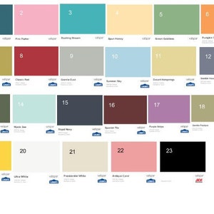 May include: A color chart with 23 paint swatches, each with a number and a name. The colors range from dark blue to light yellow. The chart is labeled "Valspar" and "Ace".