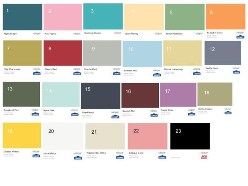 May include: A color chart with 23 paint swatches, each with a number and a name. The colors range from dark blue to light yellow. The chart is labeled "Valspar" and "Ace".