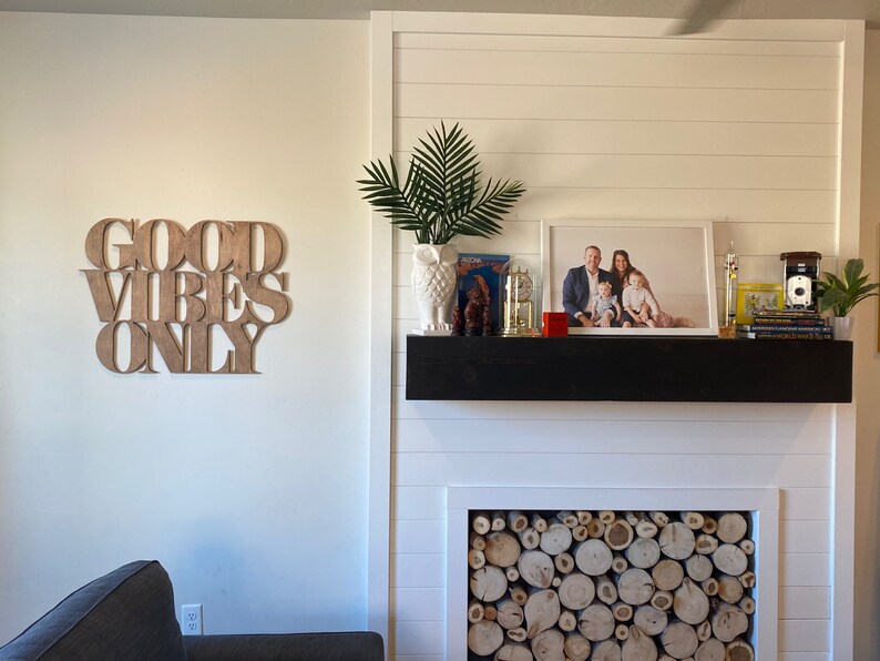May include: A white fireplace mantel with a black shelf, a framed family photo, a white owl vase with a green plant, and a stack of books. The fireplace has a wood log holder with a pile of logs.