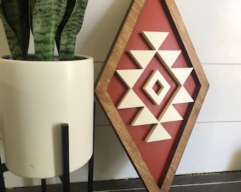 Diamond aztec terracotta wood sign bohemian wall decor boho wall art eclectic modern wood wall decor