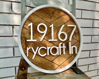 Round address wood sign herringbone pattern, engraved wood sign circle address sign with street name white hanging porch sign