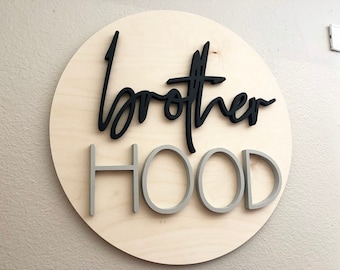 Brother hood wood sign 18 round boys room decor brotherhood modern wood wall decor black and gray boys room inspiration shared boys wall art