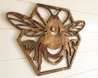 Hexagon stained wood bee sign bohemian wall decor modern farmhouse wall art