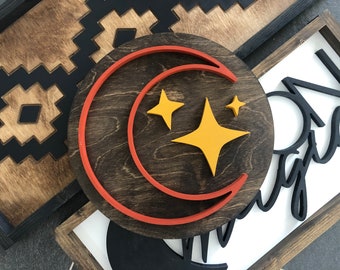 Moon and star wood sign 12 inch round boho theme nursery decor gallery wall decor celestial wood sign terracotta wood sign bohemian nursery