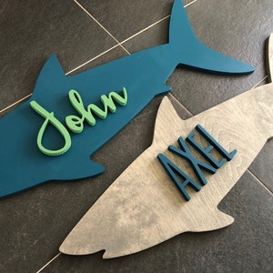 Shark nursery custom baby name sign wood sign ocean theme nursery boys kids room decor above the crib shark wood sign
