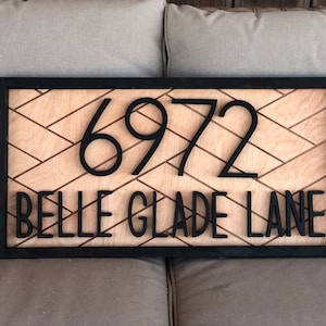 Herringbone Address Sign: Modern Engraved House Number