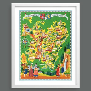 Carte de la Bourgogne par Lucien Boucher | Bourgogne Franche-Comté Province française | cartes et graphiques anciens | Art mural historique | Décoration rétro