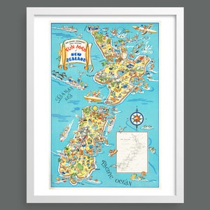 Eine lustige Landkarte von Neuseeland | Vintage Landkarte Poster | Retro Druck | Vintage Wandbild | Neuseeland Karte Drucken