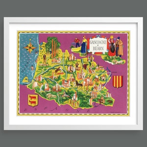 Ilustrowana mapa Gaskonii autorstwa Luciena Bouchera | Francuska prowincja Gaskonia i Béarn | Stare mapy i wykresy | Historyczna sztuka ścienna | Wystrój retro