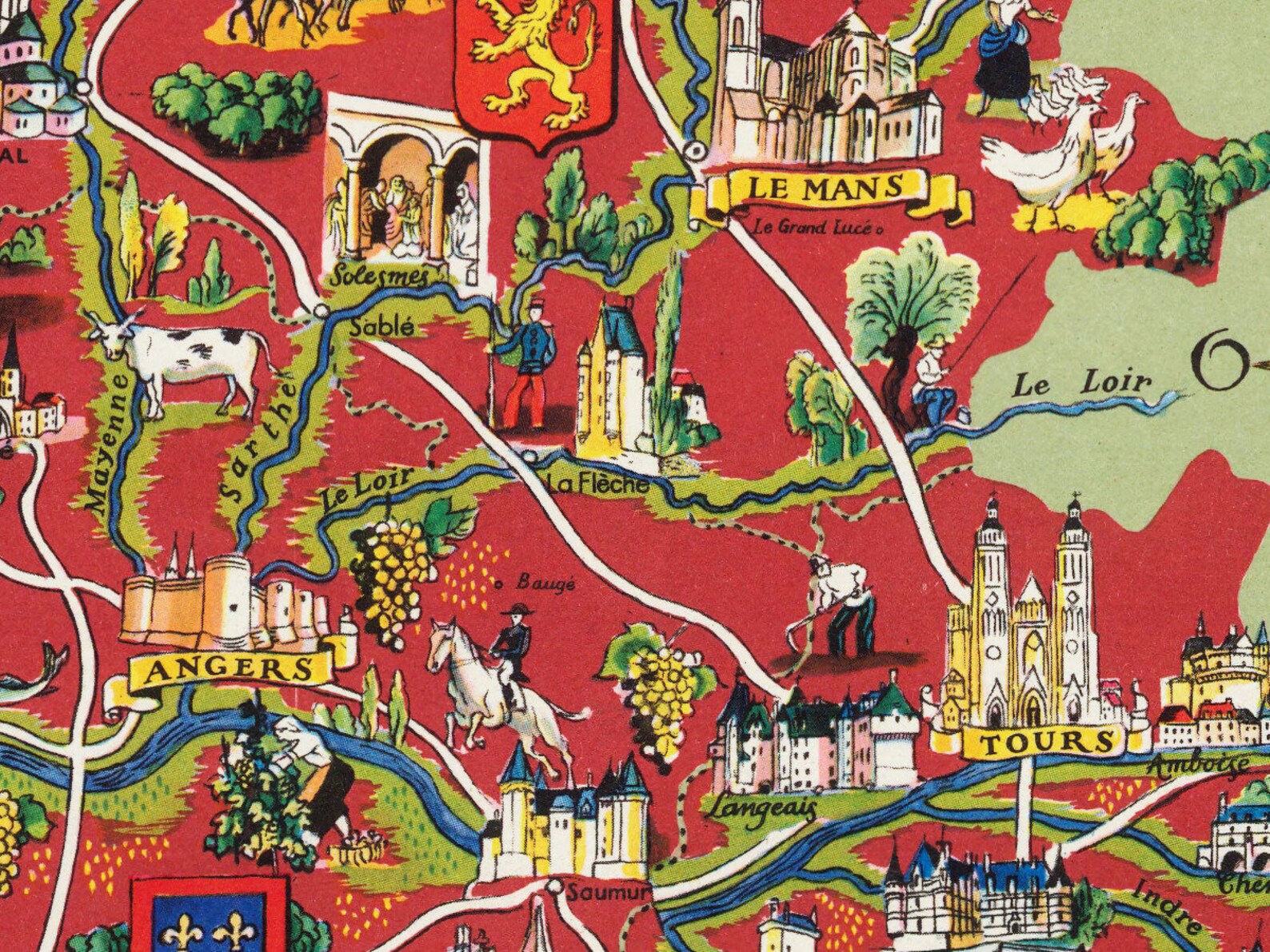 Anjou Illustrated Map by Lucien Boucher Anjou Maine Touraine French Province Vintage Maps and