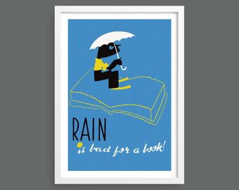 Rain is Bad for a Book | WPA retro vintage poster print for book lovers | Home decor gift idea | Vintage wall art