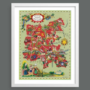 ルシアン・ブーシェによるアンジューのイラスト地図 | アンジュー・メーヌ・トゥーレーヌ フランスの州 | ビンテージの地図と海図 | 歴史的な壁画 | レトロな装飾