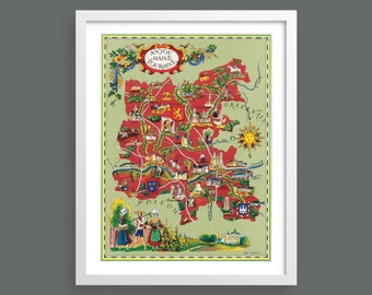 Anjou illustrated map by Lucien Boucher | Anjou Maine Touraine French province | Vintage maps and charts | Historical wall art | Retro decor