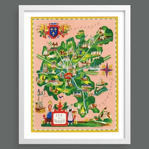 Geïllustreerde kaart van Picardië door Lucien Boucher | Franse provincie Picardië | Vintage kaarten en kaarten | Historische muurkunst | Retrodecor