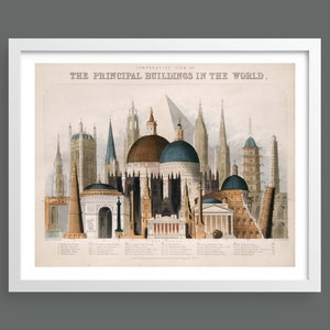 Vergleichende Ansicht der Wichtigsten Gebäude der Welt von John Emslie | Architekturdiagramm Schaubild | Vintage Wandbild | Lerndruck