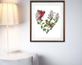 Great original work - The cardinals and the hydrangea - 20 x 16 in - Unique handmade illustration - Bird, couple, flowers, dragonfly