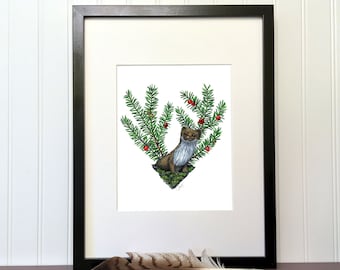 Original work - Ermine and Yew from Canada - 10x8in - Unique handmade illustration - Animal decoration, Fruits, Softwoods, Winter, Moss