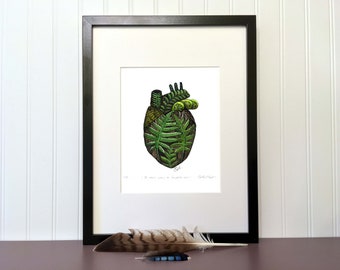 Art print - The heart full of ferns - 10 x 8 in - Giclée numbered and signed. Anatomical art, botanical illustration, Plant.