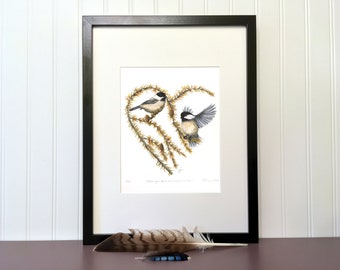 Art print - Chickadees Heart of larch -  10 x 8 in - Signed, limited edition giclee - Birds, Drawing, Autumn, Botanical, Nature Illustration