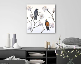 Large original work - Floral softness - Illustration mounted on wooden panel - Bird, American Robin, Magnolia, Flower, Spring