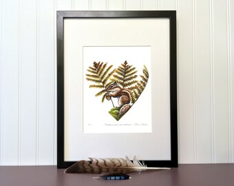 Art print - Chipmunk in Autumn Heart -  10 x 8 in - Signed, limited edition giclee -  Squirrel, Animal, Fern, Illustration, Autumn, Fall.