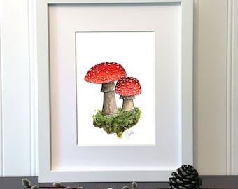 Small original work - The amanites - 7 x 5 in - Unique handmade illustration - Mushroom, Moss, Undergrowth, Botany, Nature