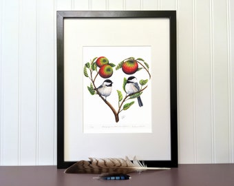 Art print - Chickadees Harvest Heart -  10 x 8 in - Signed, limited edition giclee on coton paper - Birds, Botanical, Nature Illustration.