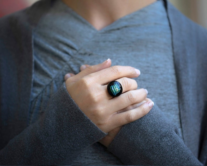 Statement Ring Boho Glass Ring Unique Glass Ring Glass Rings for Women Boho Ring Colorful Ring Boho Glass Jewelry Black Gold Ring