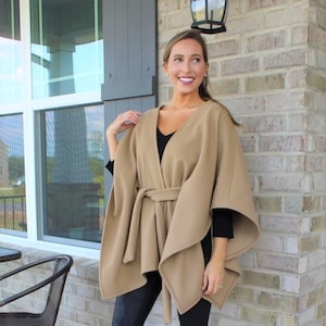 Ada Cape Women&#39;s Wool Blend Cape Coat Made to Order Wool Coat Camel Jacket FREE USA SHIPPING