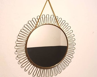 Brass Mirror Round Swedish Design in the Style of Josef Frank Svenskt Tenn Art Wall Mirror Sunburst Brass Mirror Mid century String Era