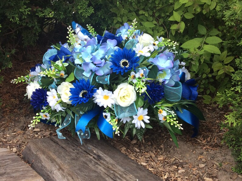Cemetery Flowers Blue and White Tribute Headstone Saddle Etsy