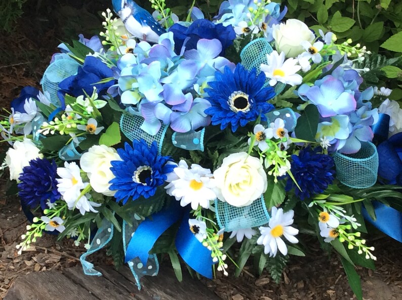 Cemetery Flowers Blue and White Tribute Headstone Saddle Etsy