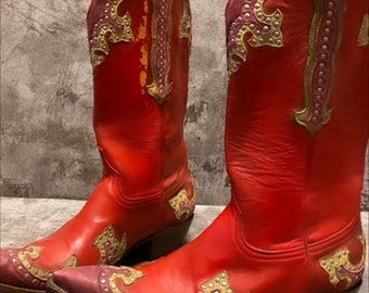 Real Vintage cowboy boots, Red Genuine Leather Santiags, Cowgirl Boots, Vintage 90s Red Cowboy Boots, Western clothing, Made in Mexico