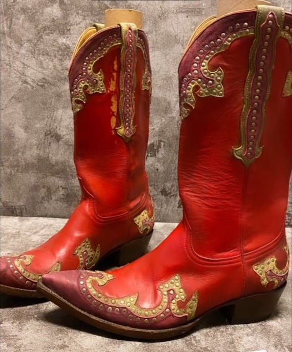 Real Vintage Cowboy Boots, Red Genuine Leather Santiags, Cowgirl