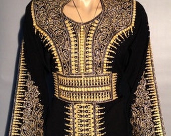 Traditional Gold Embroidery Black Kaftan, Maxi Dress, Ethnic Kaftan Dress, Moroccan Dubai Ethnic Kaftan One Piece Gown Dress, Bridal Kaftan