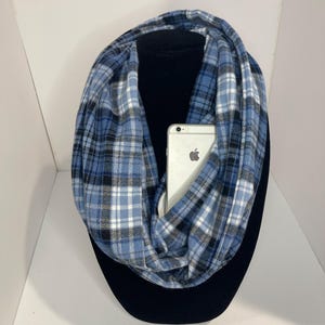 Stylish Handmade Infinity Scarf with Hidden Zipper Pocket – Perfect for Travel, Dog Walks, and Busy Moms Tan & Black Plaid