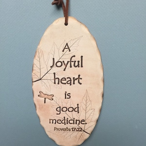 May include: Oval-shaped ceramic plaque with a brown leather cord for hanging. The plaque features the text "A joyful heart is good medicine" with leaf and dragonfly illustrations. The quote is from Proverbs 17:22.