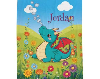 Velveteen Plush Blanket, Baby Boy Dragon Personalized Gift, Soft Nursery Bedding, Cozy Blanket for Child, Custom Name Blankie