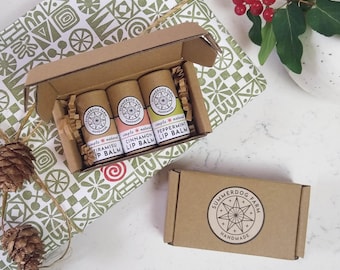 Beeswax lip balm gift set: 3-pack, organic ingredients, plastic-free, natural flavors, handmade